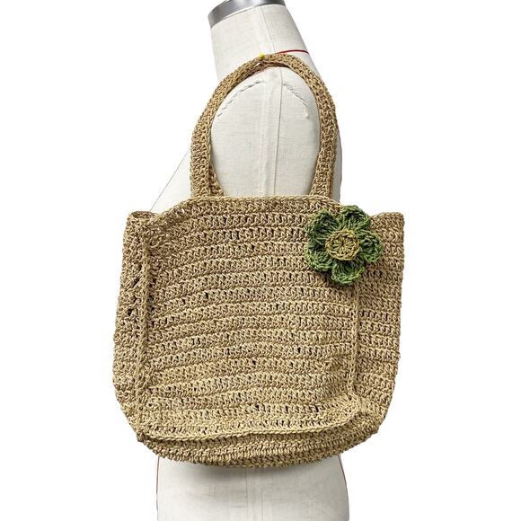 Vintage Woven Straw Wicker Green Flower Cottagecore Top Handle Hand Bag - Picture 1 of 7